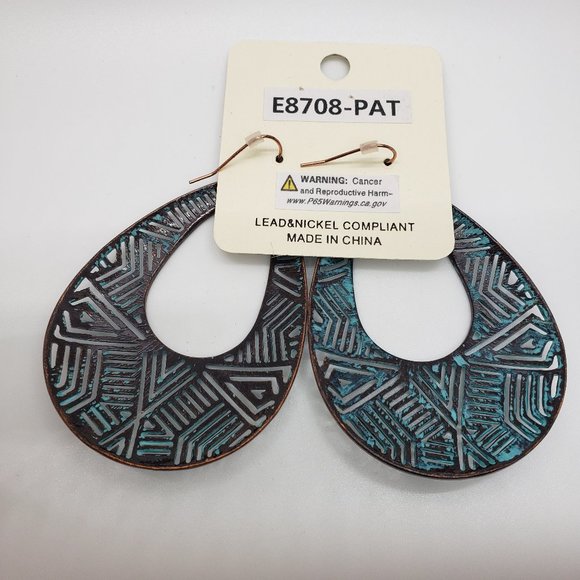 Bronze Patina Tone  and Turquoise Tone Drop Fashion Earrings - Picture 2 of 4